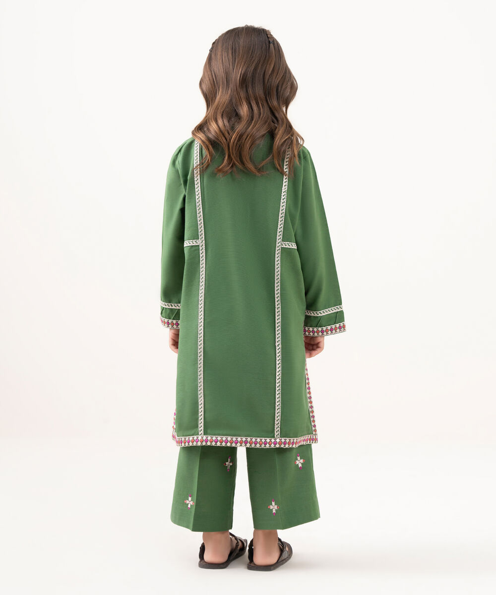 Girl's Light Khaddar Embroidered Green 2 Piece Suit