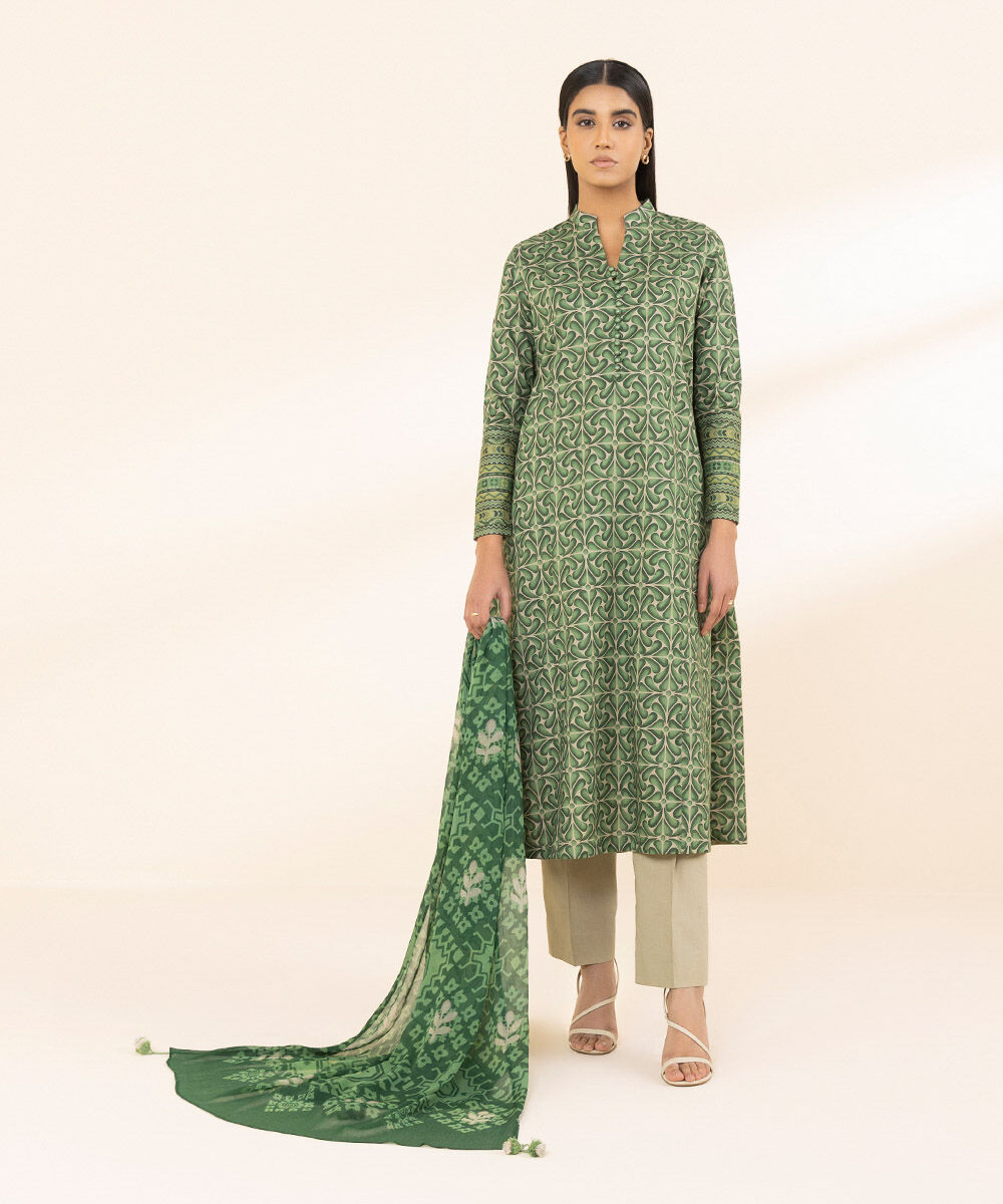 Unstitched Women's Printed Lawn Green Two Piece Suit