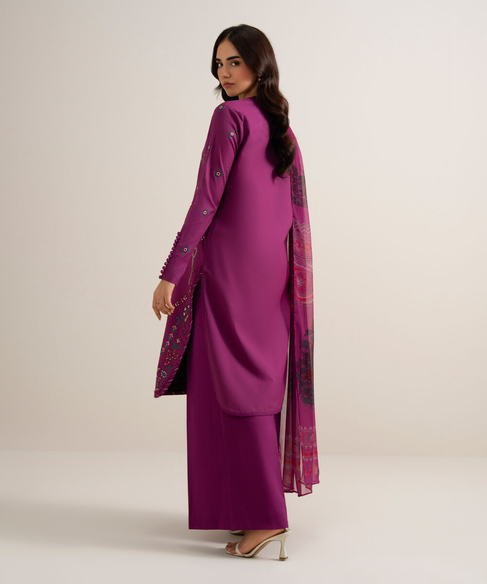 Women's Unstitched Embroidered Cotton Viscose Purple 3 Piece Suit