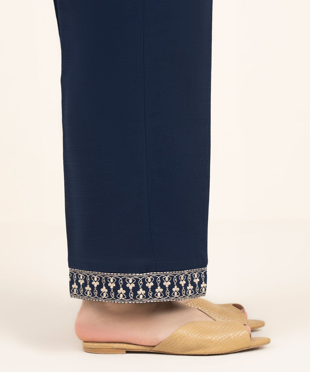 Women's RTW Khaddar Embroidered Blue Straight Pants