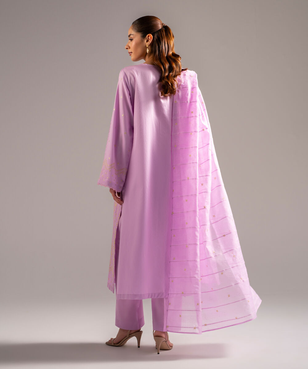 Women's RTW Cotton Satin Embroidered Lilac 3 Piece Suit