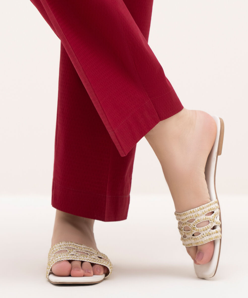 Women's RTW Textured Cotton Maroon Solid Straight Pants