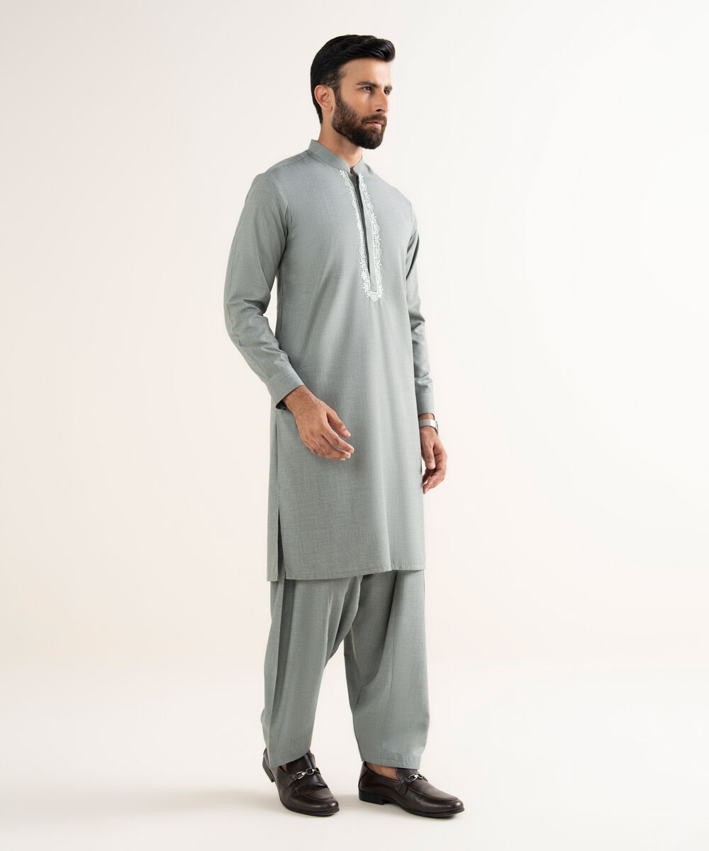 Men's Textured Wash & Wear Embroidered Grey Kurta Shalwar