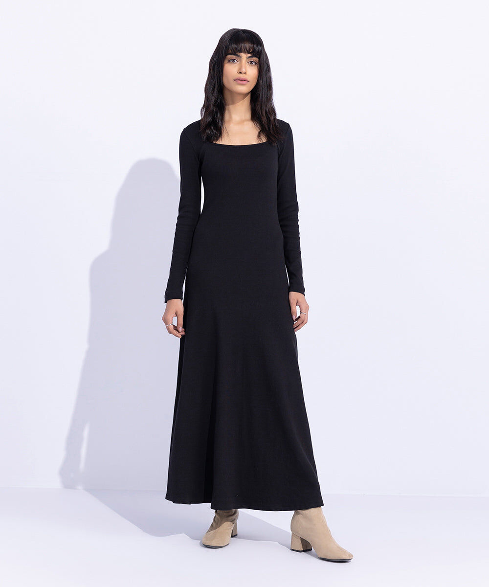 Woman - Black Square Neck Ribbed Dress