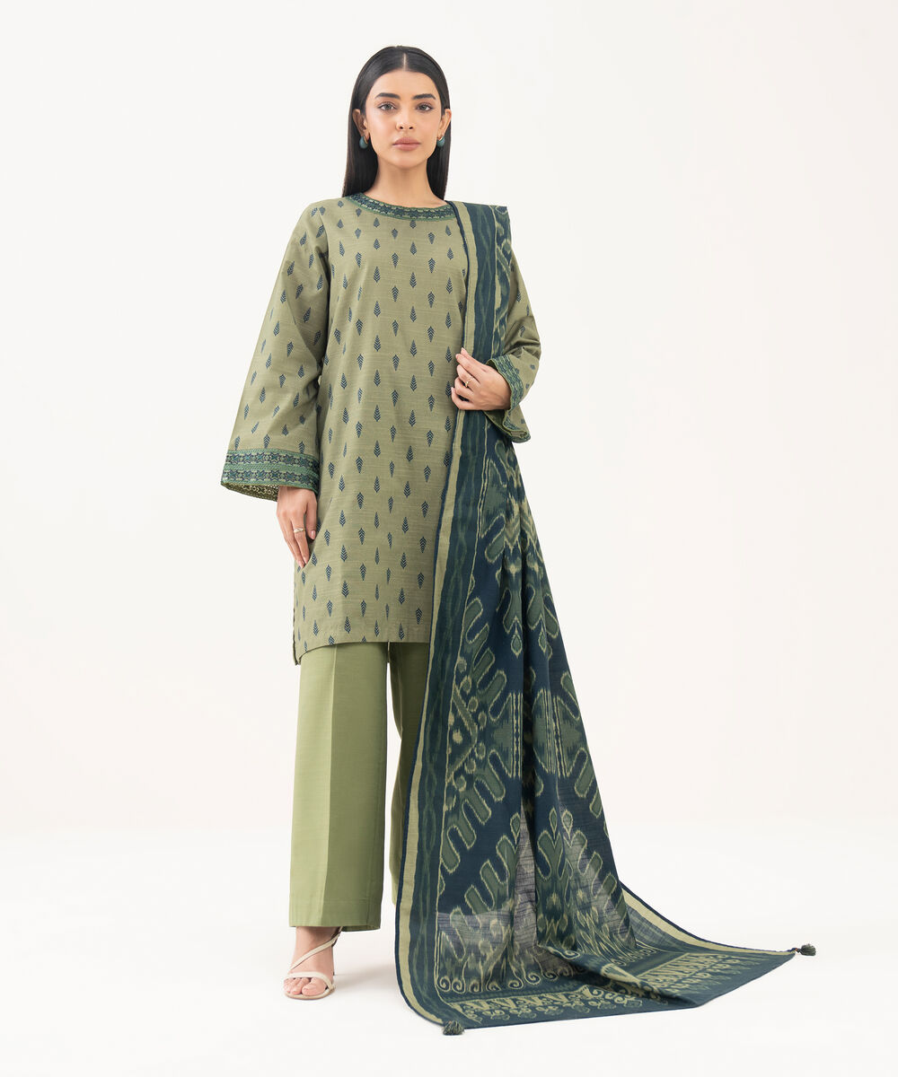 Women's RTW Light Khaddar Embroidered Green Straight Shirt