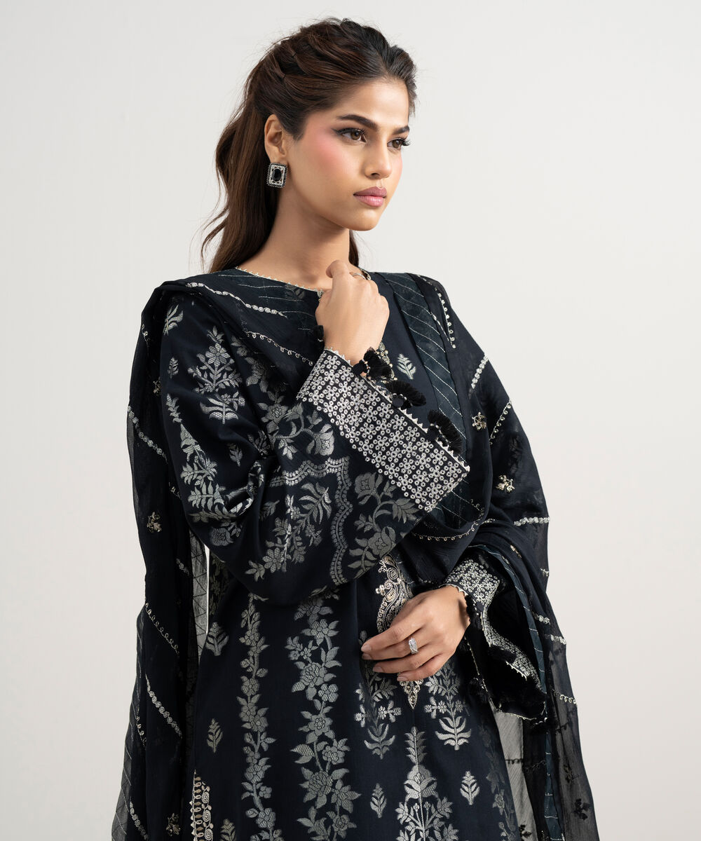Women's Unstitched Extra Weft Jacquard Embroidered Black 3 Piece Suit