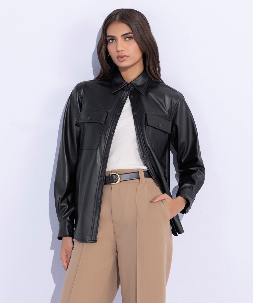 Woman - Black Faux Leather Overshirt