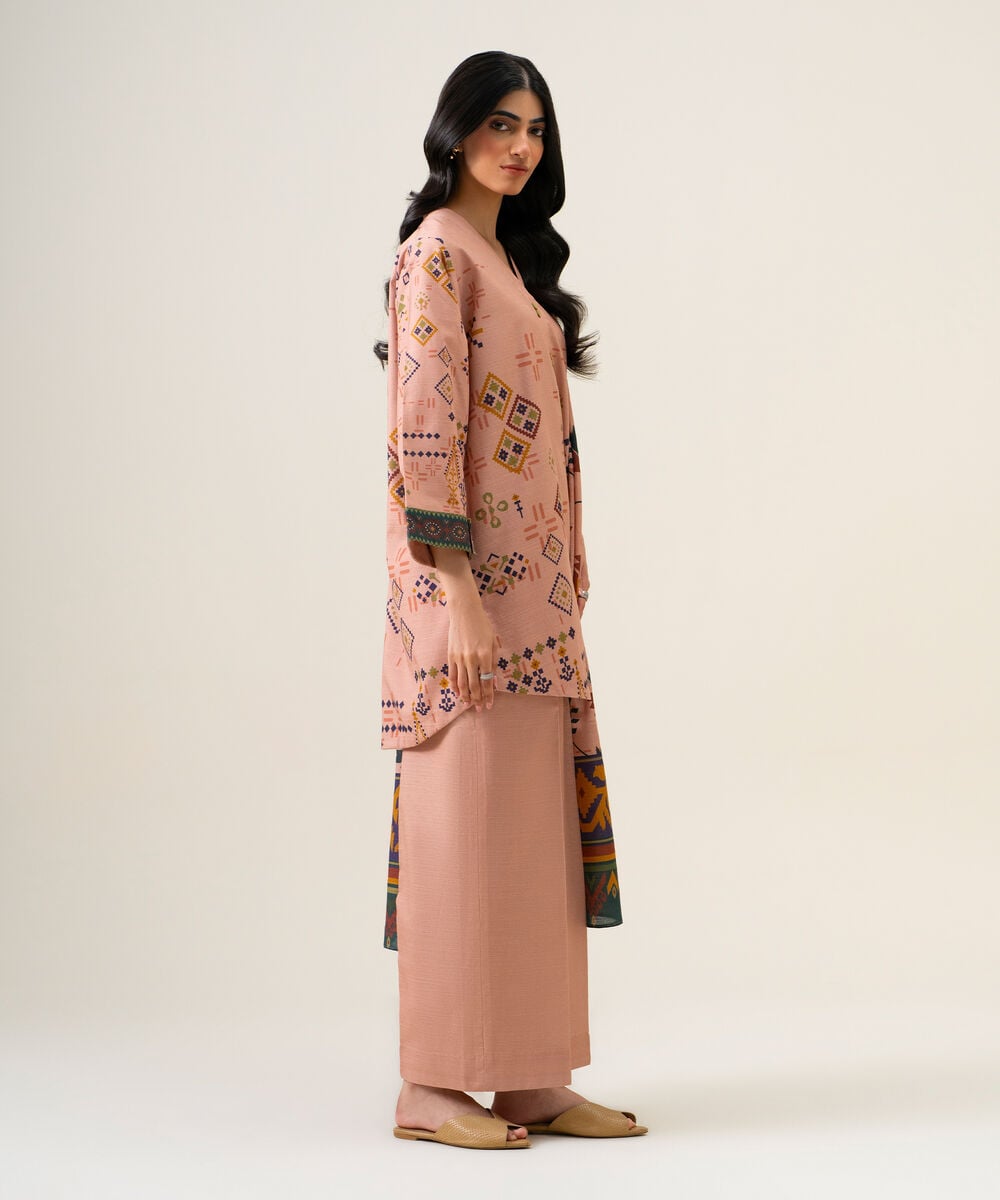 Womens Unstitched Premium Khaddar Printed Pink 3 Piece Suit