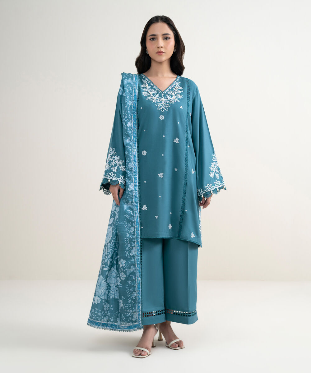 Women's RTW Cotton Viscose Embroidered Blue 3 Piece Suit