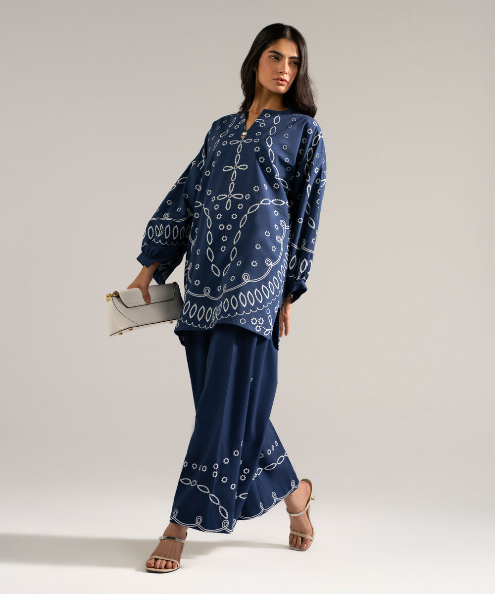 Women's RTW Slub Lawn Printed Blue 2 Piece Suit
