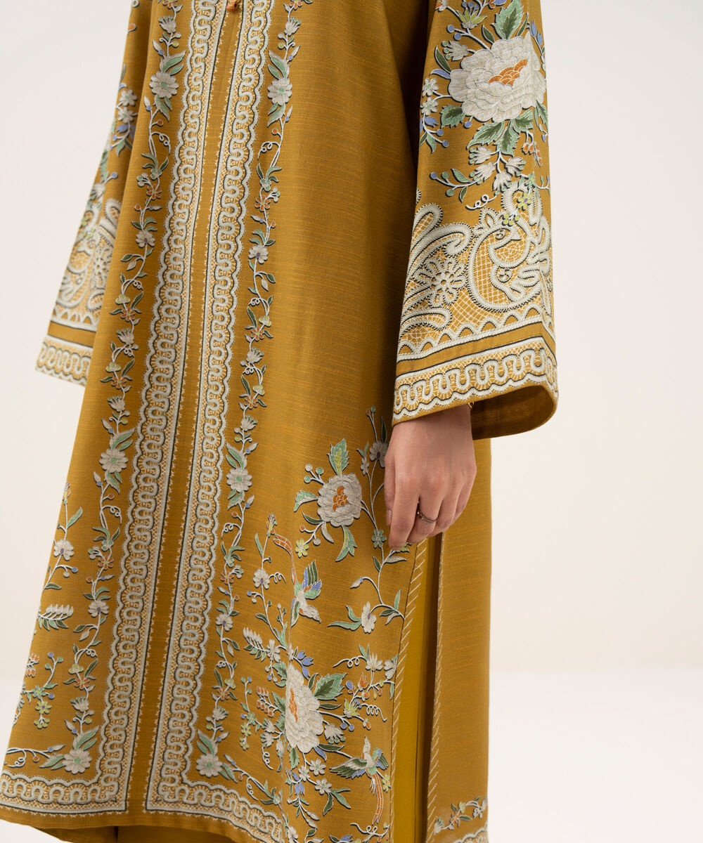 Women's RTW Khaddar Printed A-Line Mustard Shirt
