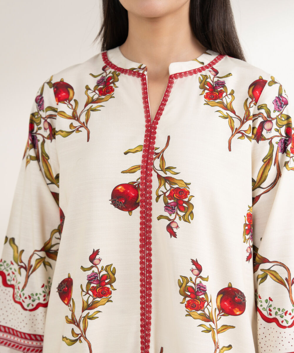 Women's RTW Arabic Khaddar Embroidered Straight Off White Shirt