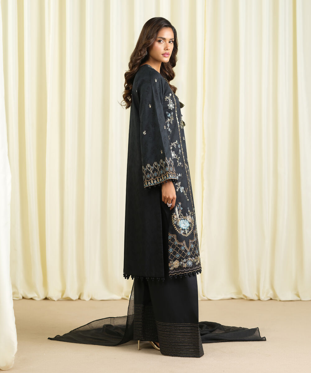 Women's Unstitched Cotton Jacquard Embroidered Black 3 Piece Suit