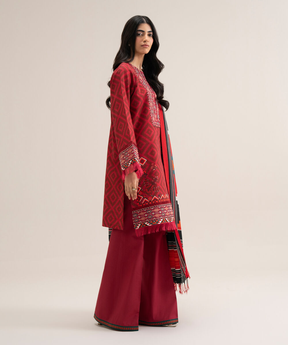 Women's Unstitched Cotton Printed Maroon 3 Piece Suit