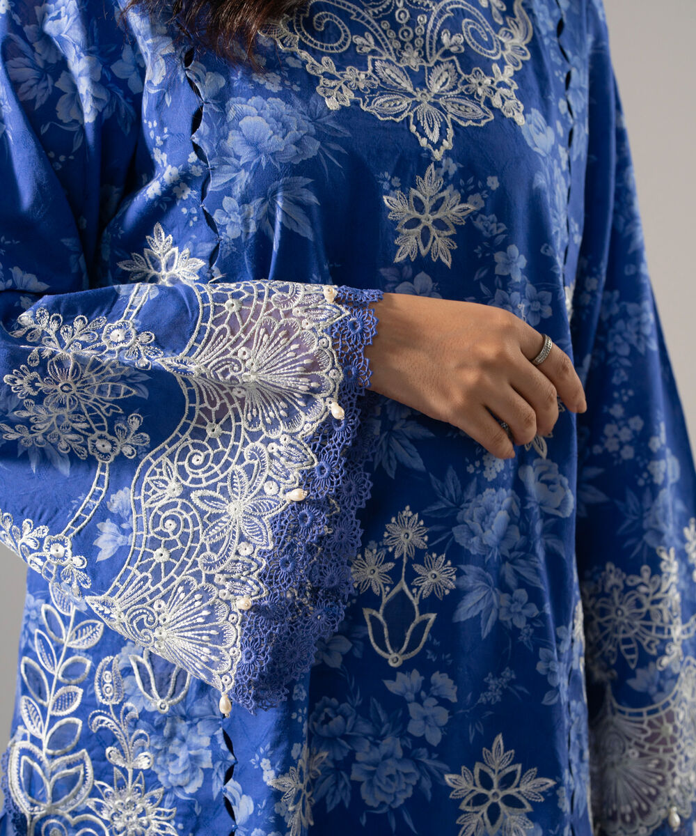 Women's RTW Self Jacquard Printed Embroidered Blue 3 Piece Suit