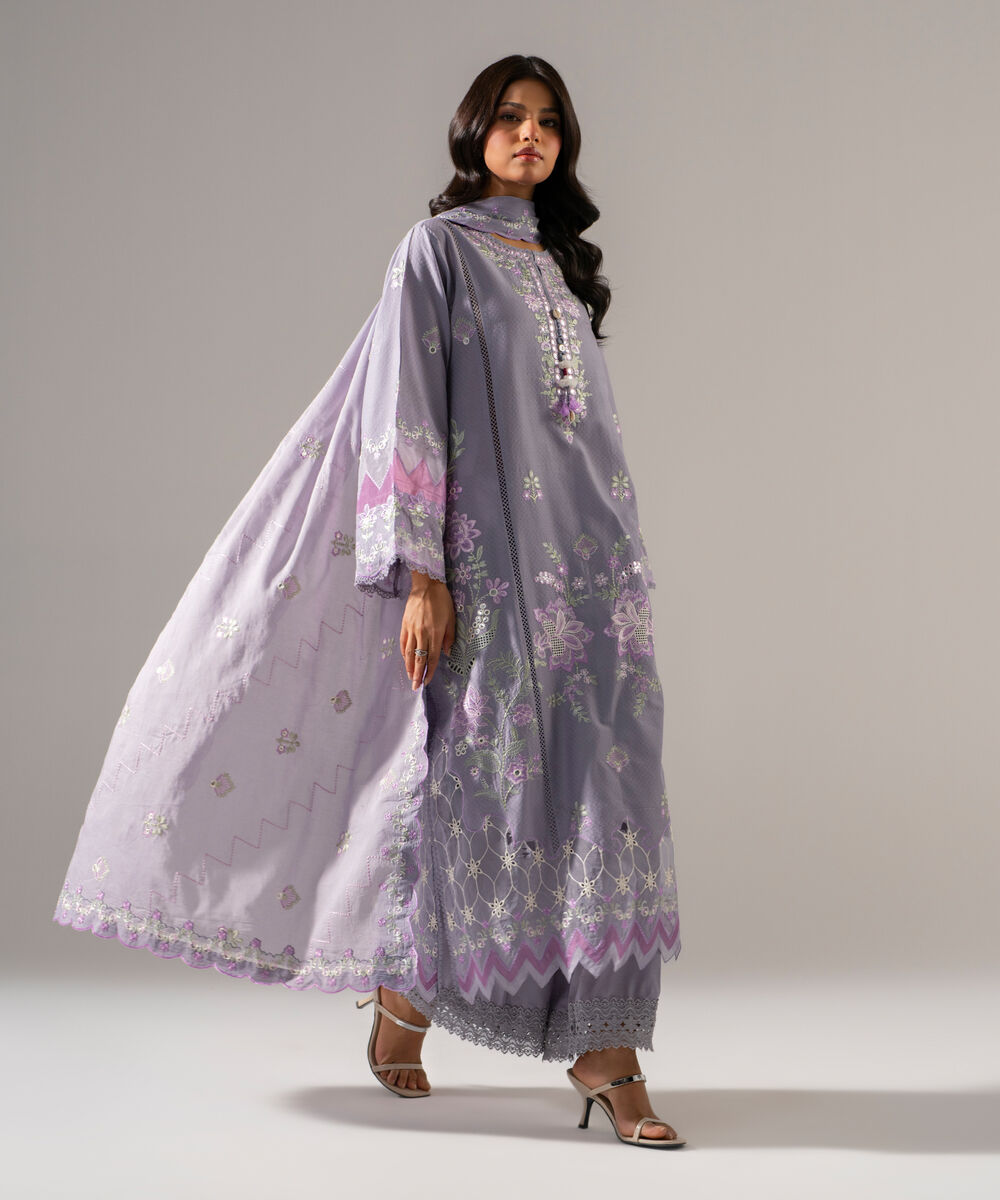 Women's RTW Dobby Solid Embroidered Lavender Grey 3 Piece Suit