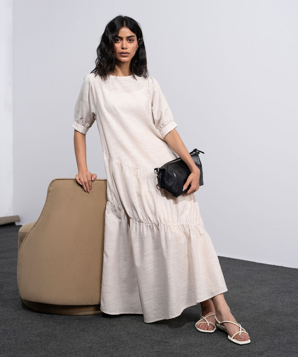 Women's Off White Asymmetrical Panels Midi Dress
