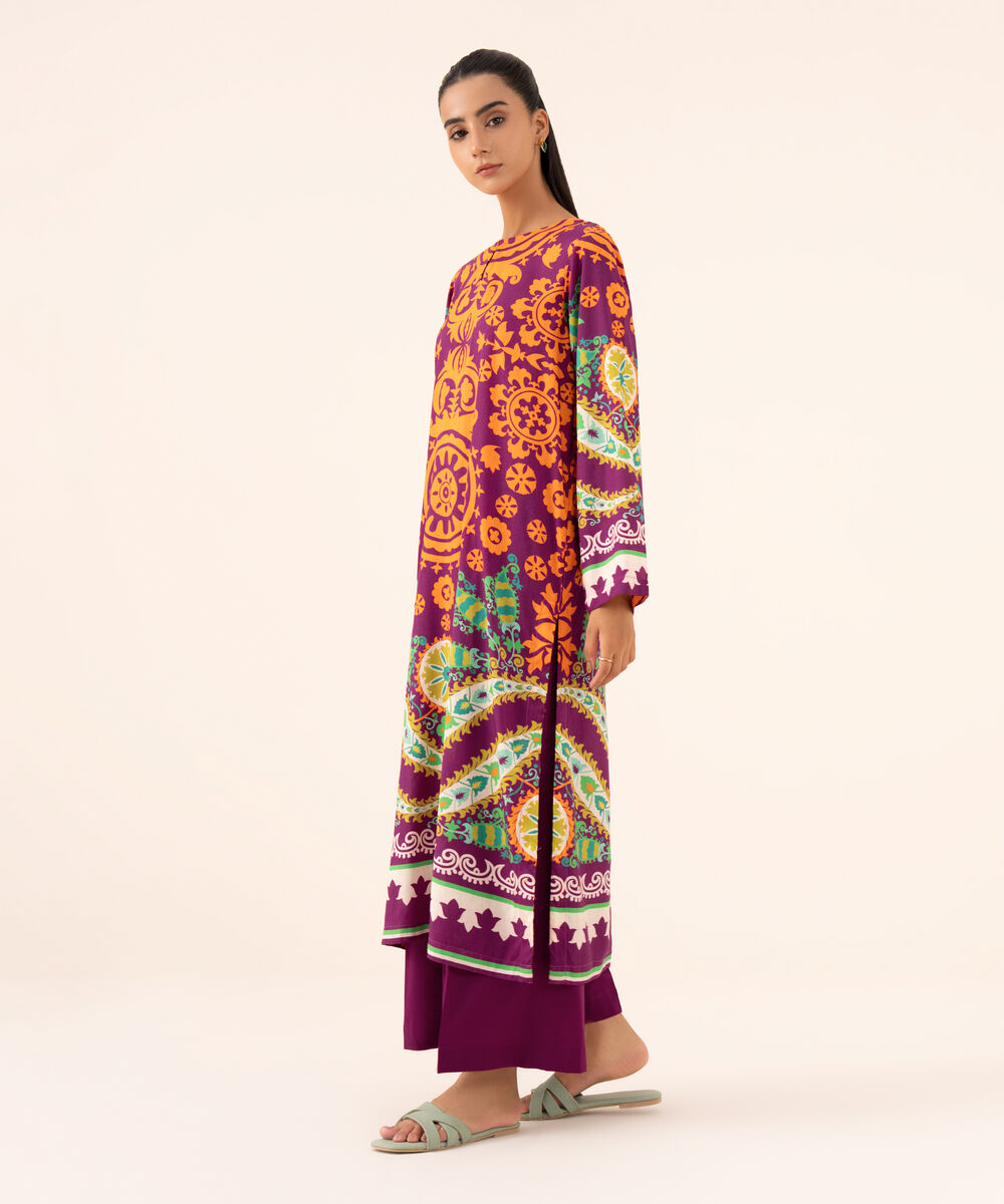 Women's RTW Arabic Lawn Purple Printed Straight Shirt