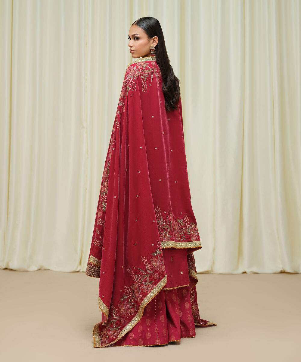 Women's Unstitched Raw Silk Embroidered Red 3 Piece Suit