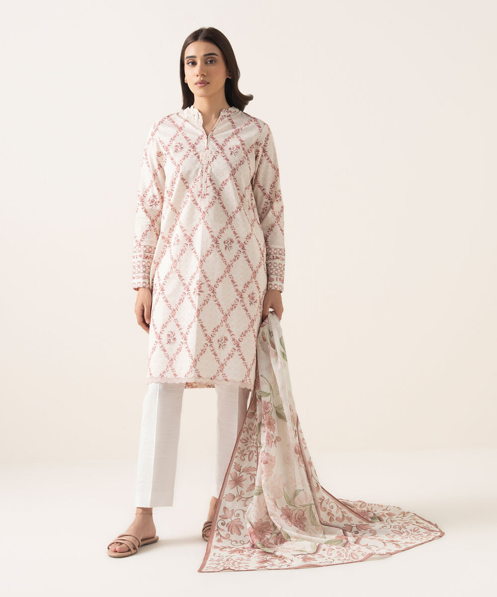 Women's Unstitched Lawn Printed Pink 3 Piece Suit