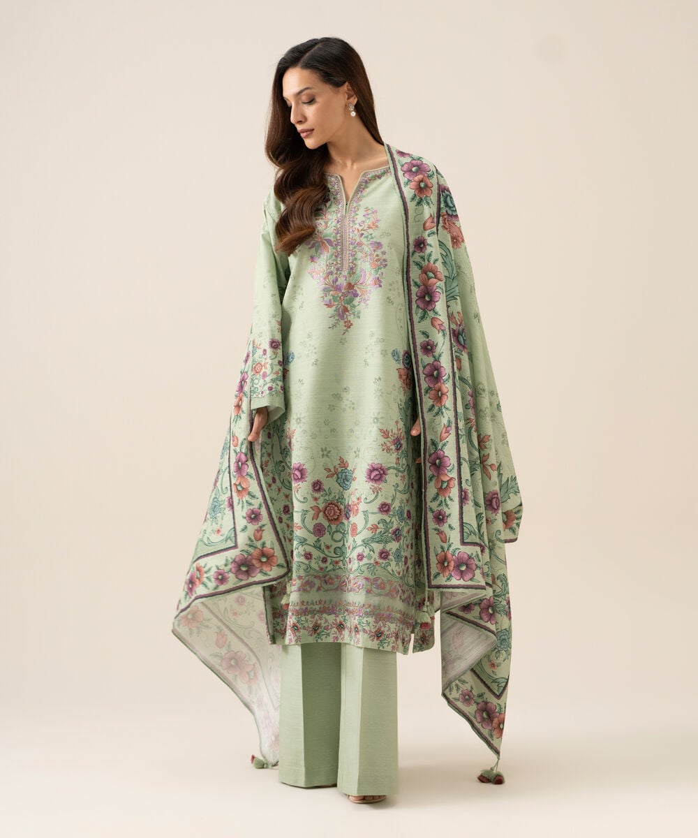 Women's Unstitched Light Khaddar Embroidered Mint Green 3 Piece Suit