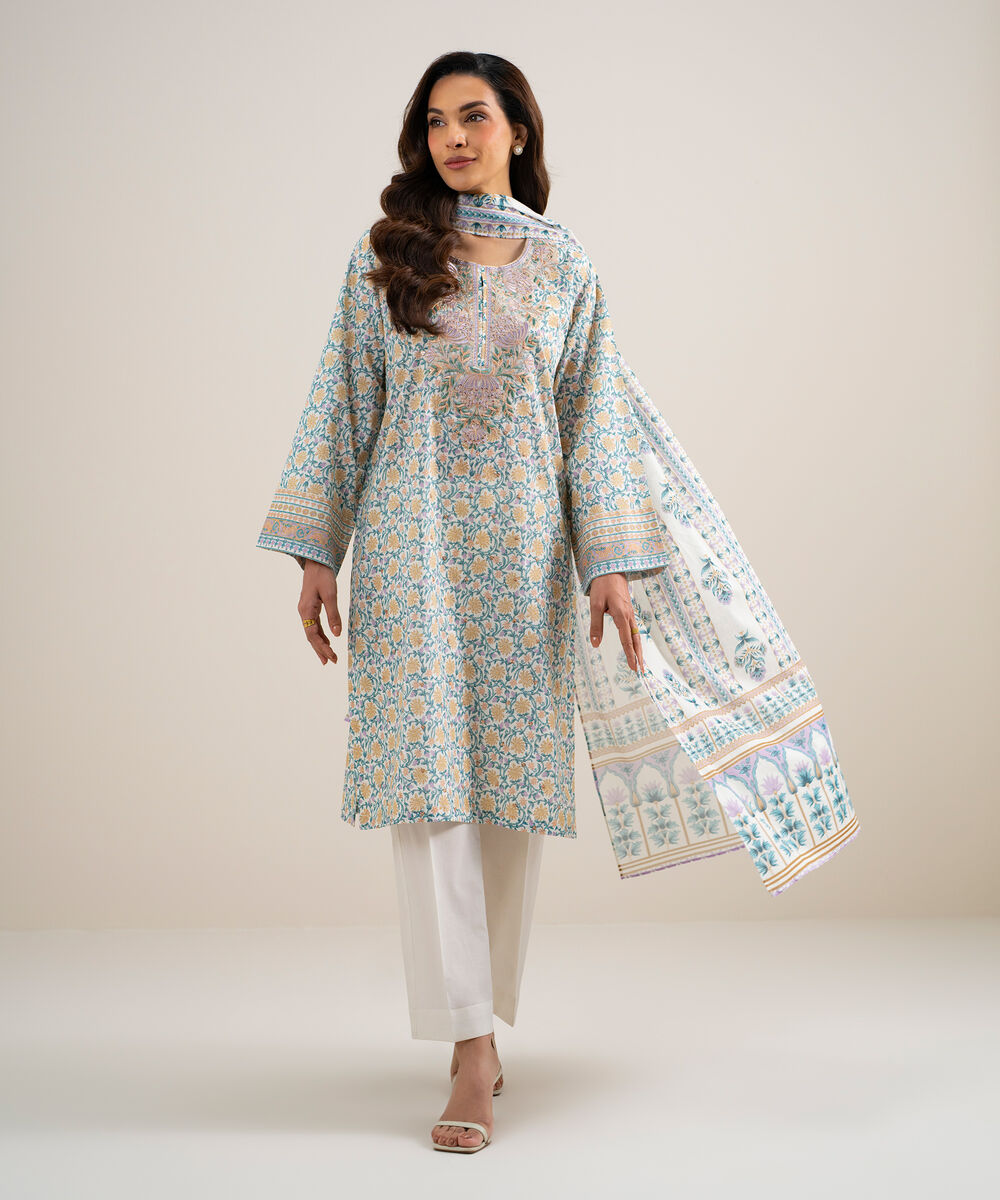 Women's Unstitched Lawn Embroidered Lime Yellow and Light Green 3 Piece Suit
