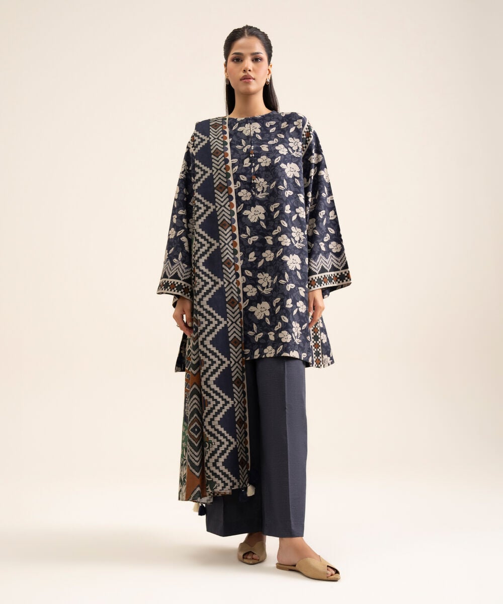 Women's Unstitched Light Khaddar Printed Grey 3 Piece Suit