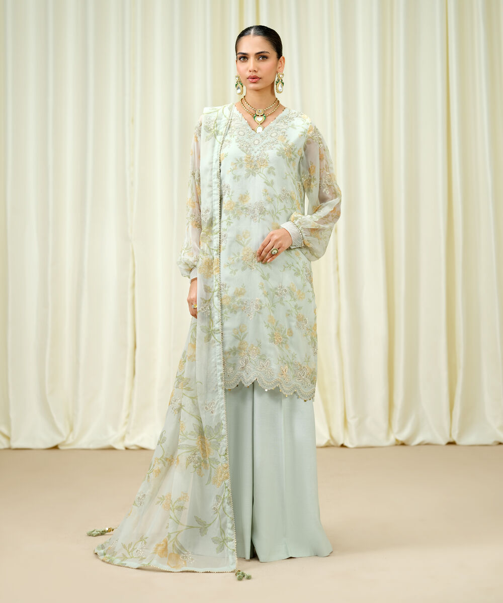 Women's Unstitched Blended Chiffon Embroidered Blue 3 Piece Suit