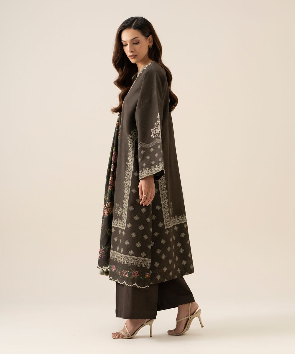 Women's Unstitched Light Khaddar Embroidered Brown 3 Piece Suit