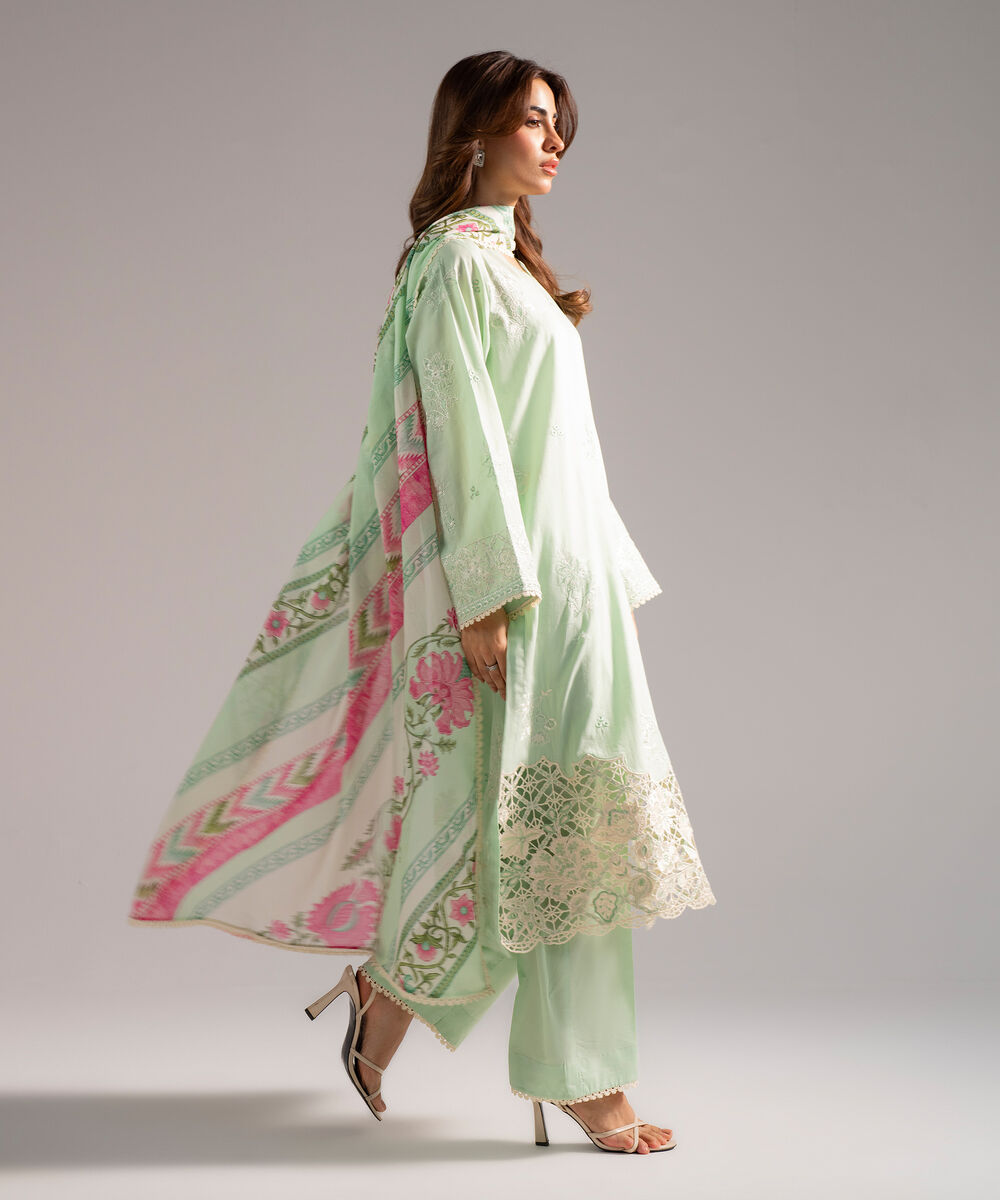 Women's RTW Textured Cotton Embroidered Green 3 Piece Suit