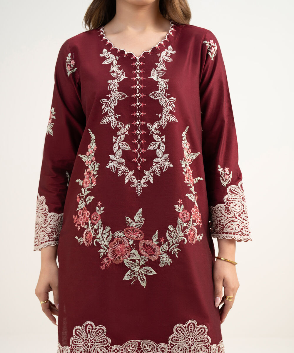 Women's RTW Silk Cotton Net Embroidered Maroon 2 Piece Suit