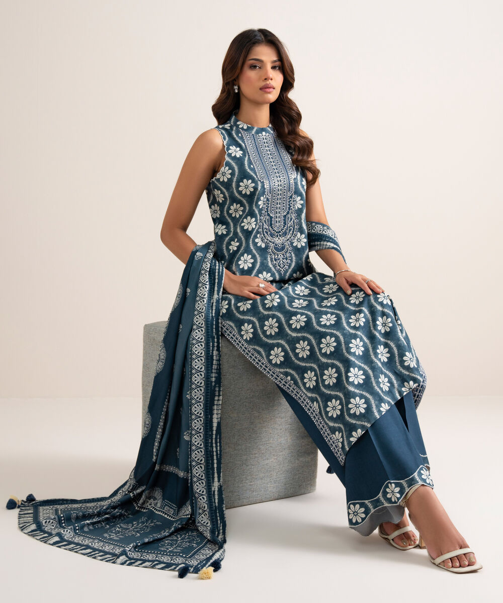 Women's Unstitched Embroidered Linen Blue 3 Piece Suit