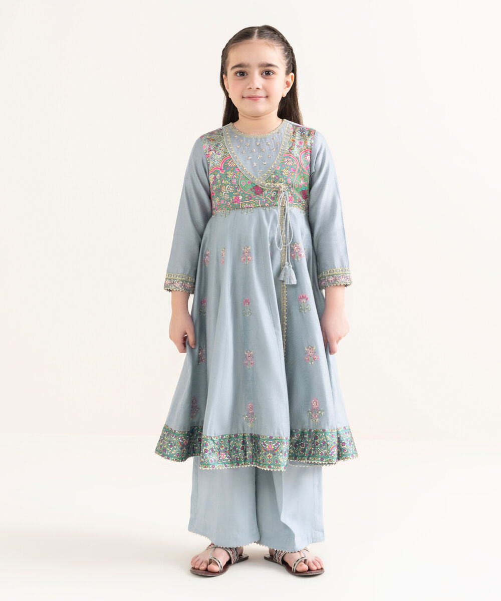 Girl's Silk Cotton Net Blue Embroidered 2 Piece Suit