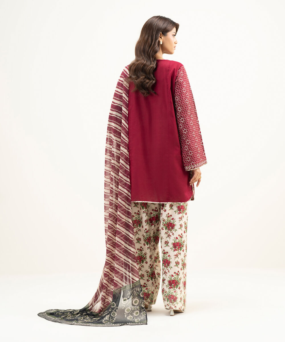 Women's RTW Dobby Embroidered Maroon 3 Piece Suit