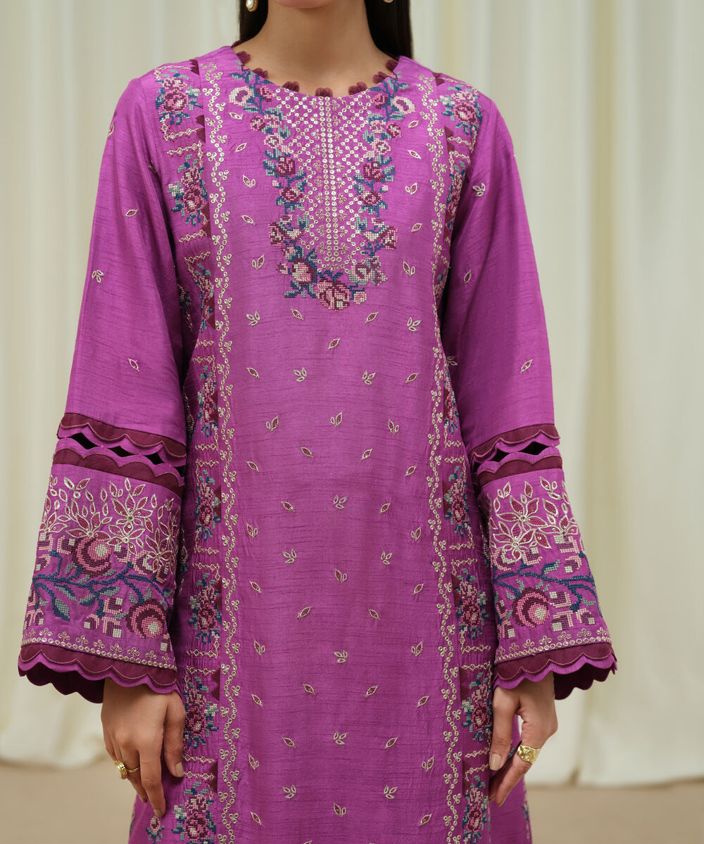 Women's Unstitched Raw Silk Embroidered Purple 3 Piece Suit