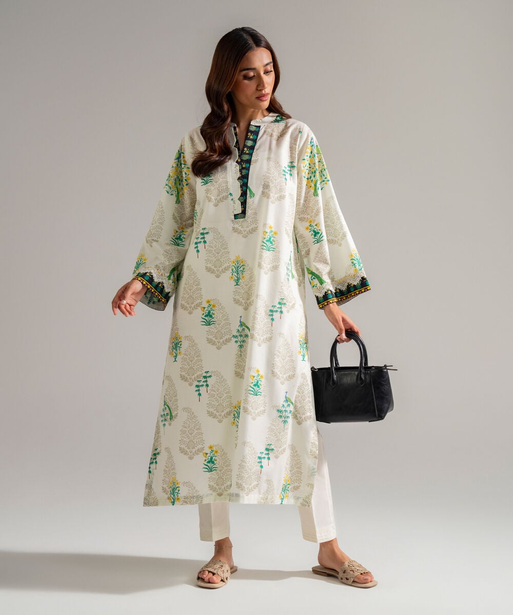 Women's RTW Slub Lawn Printed Off White Straight Shirt