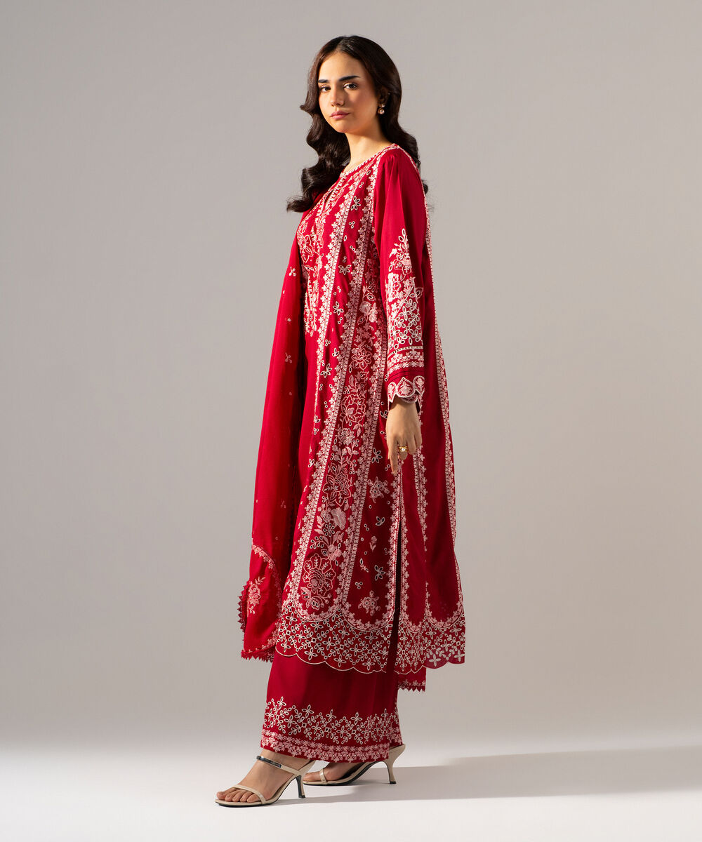 Women's RTW Lawn Solid Embroidered Maroon 3 Piece Suit