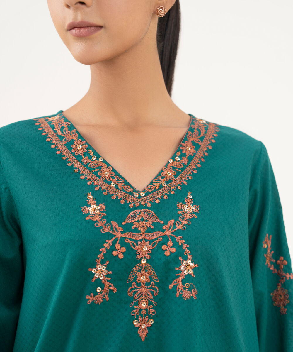 Women's RTW Textured Lawn Green Embroidered A-Line Shirt