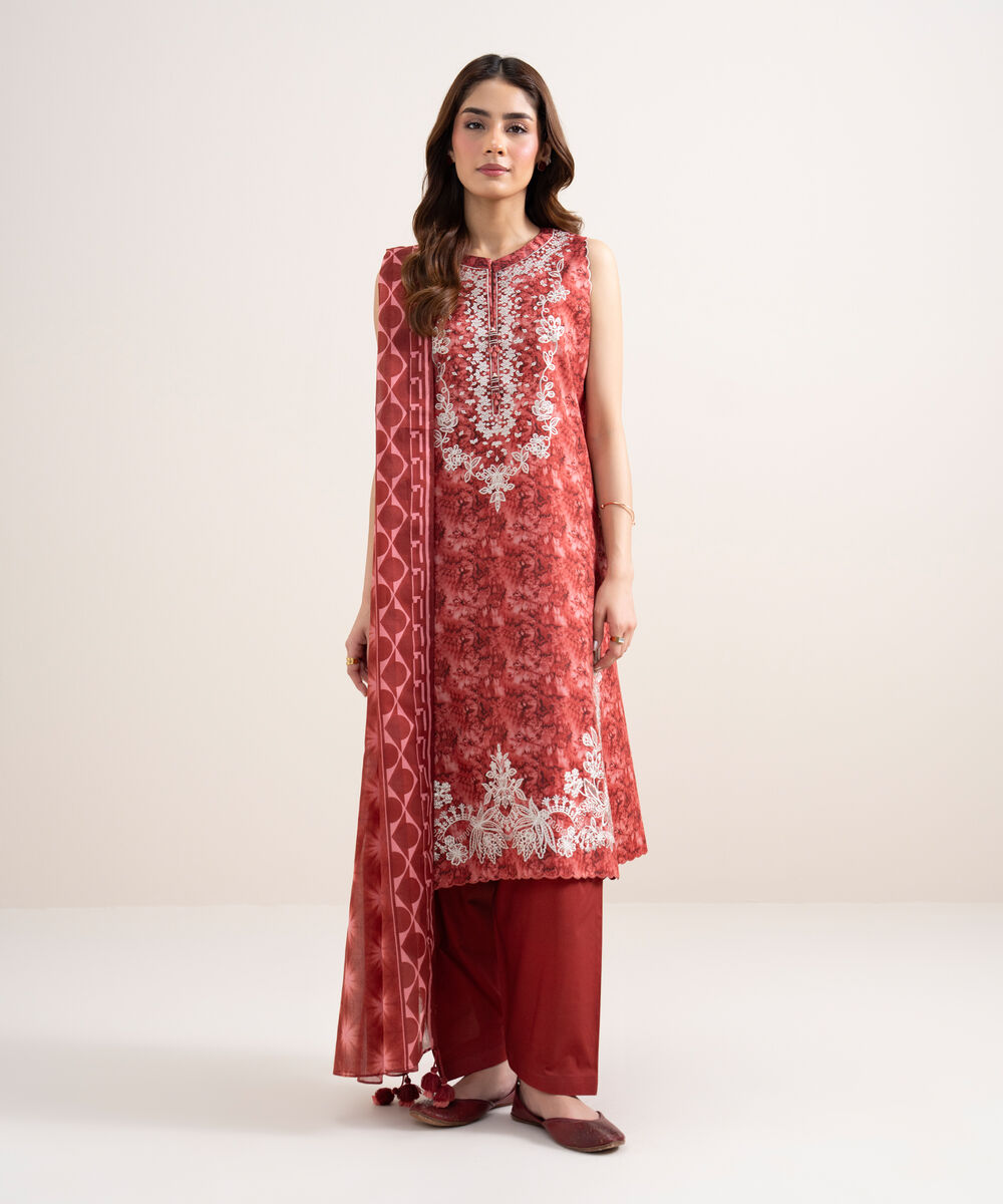Women's Unstitched Lawn Embroidered Red 3 Piece Suit