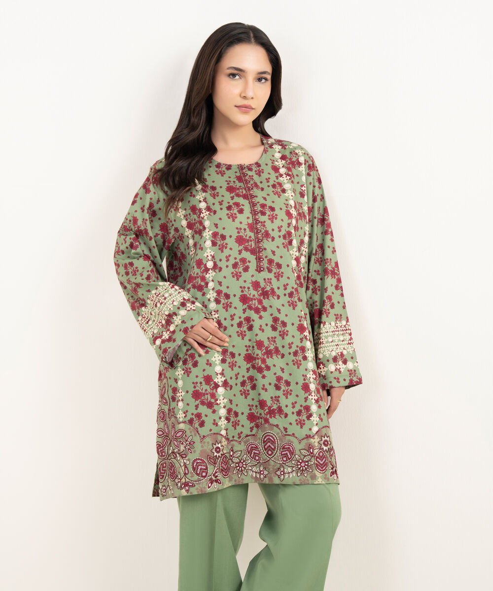Women's RTW Cotton Viscose Embroidered Green Straight Shirt