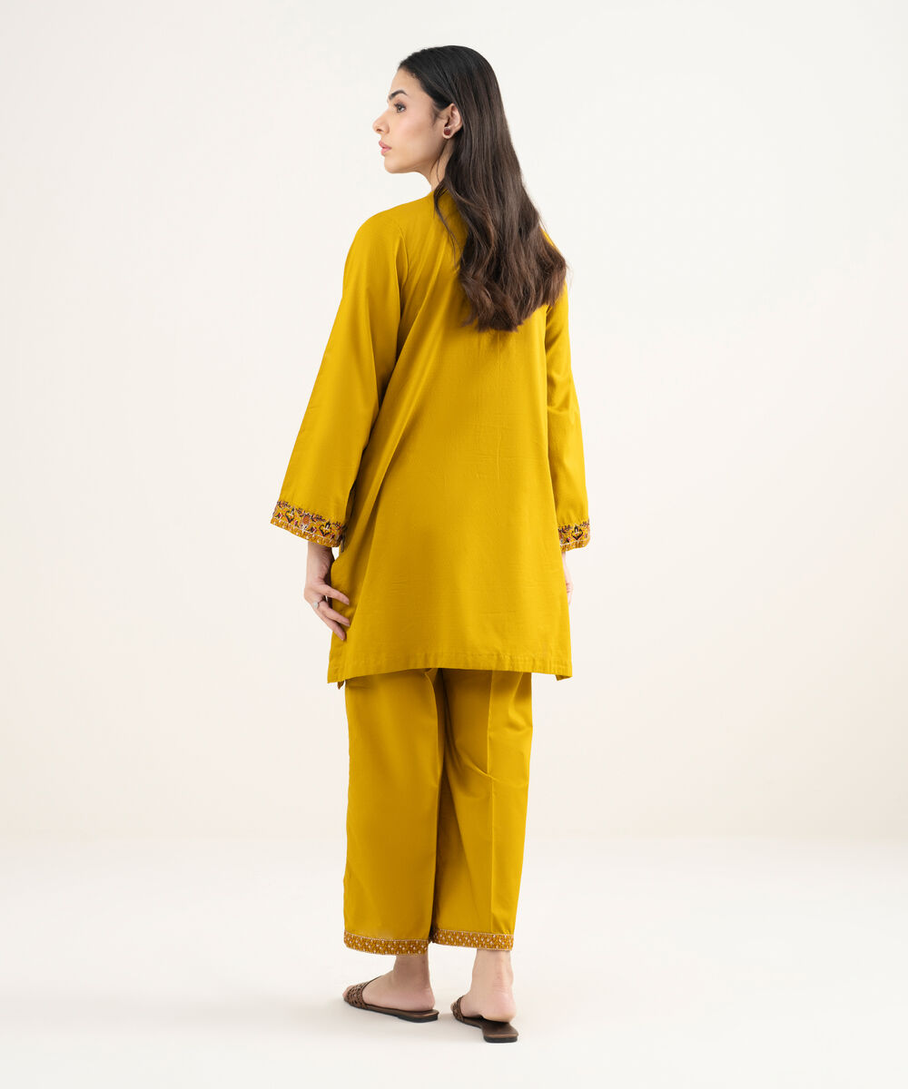 Women's RTW Dobby Embroidered Mustard Straight Shirt