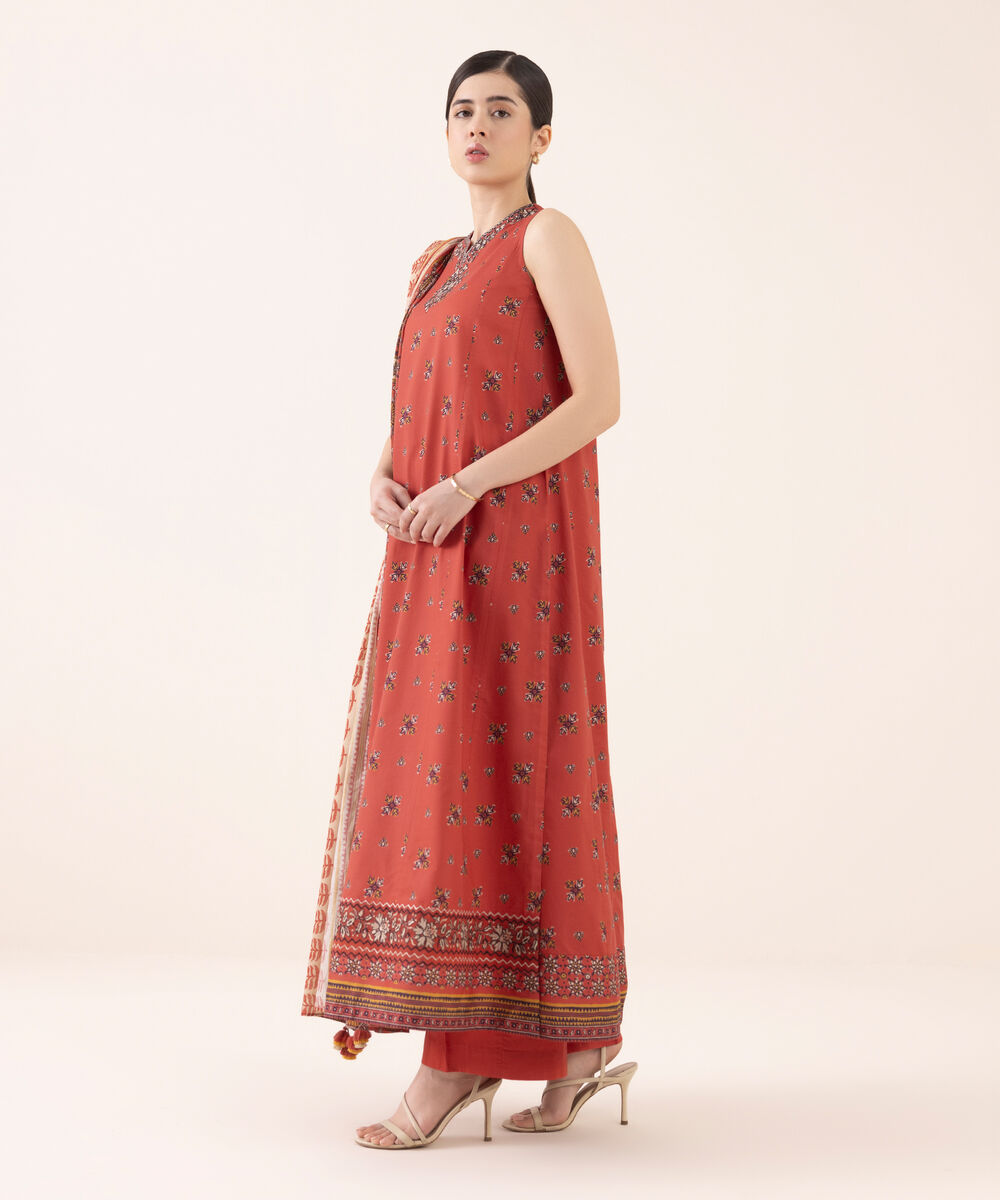 Women's Unstitched Lawn Embroidered Red Three Piece Suit