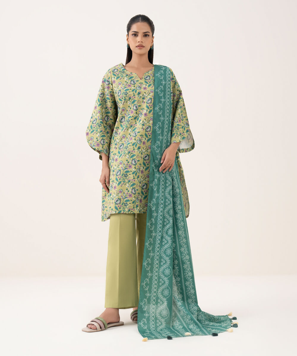 Women's Unstitched Cotton Printed Green Three Piece Suit