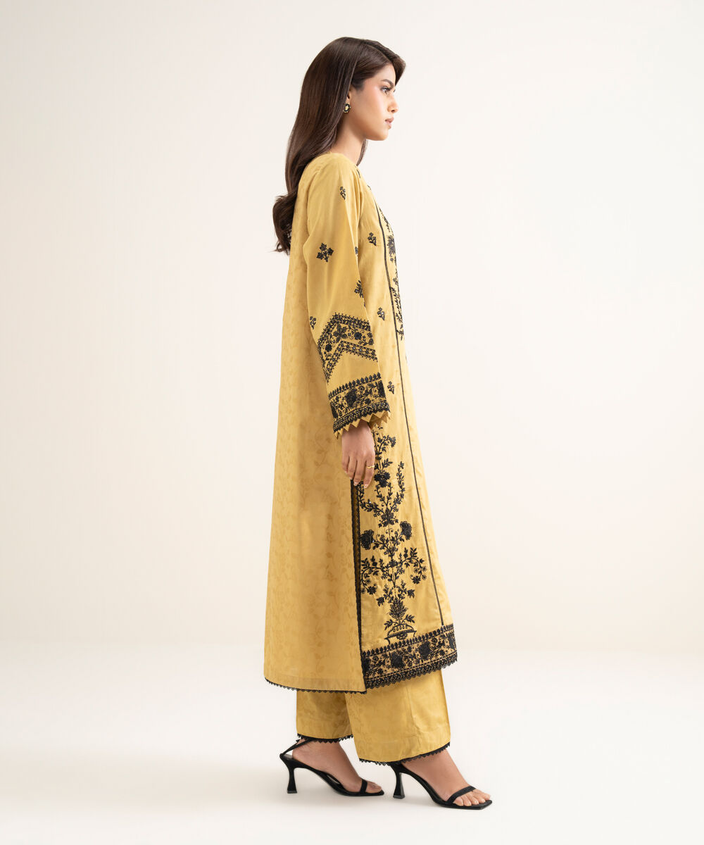 Women's RTW Self Jacquard Embroidered Yellow A-Line Shirt
