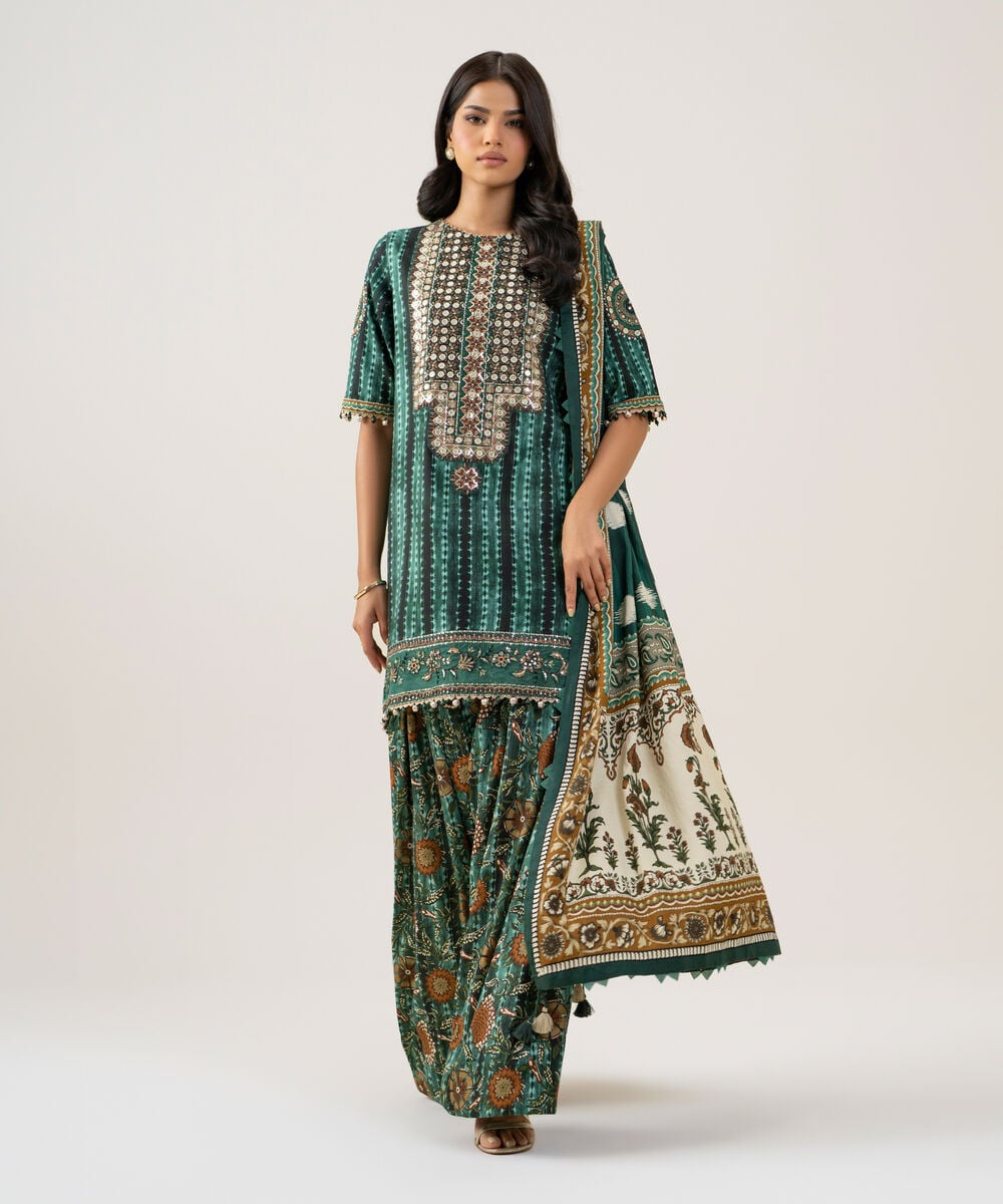 Women's Unstitched Linen Printed Green 3 Piece Suit