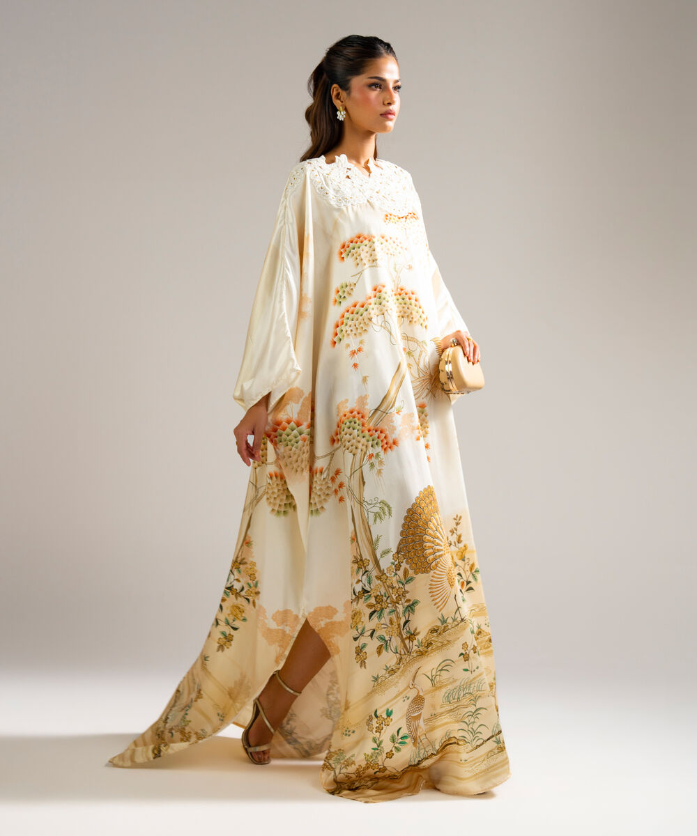Women's RTW Blended Satin Printed Pale Yellow Kaftan