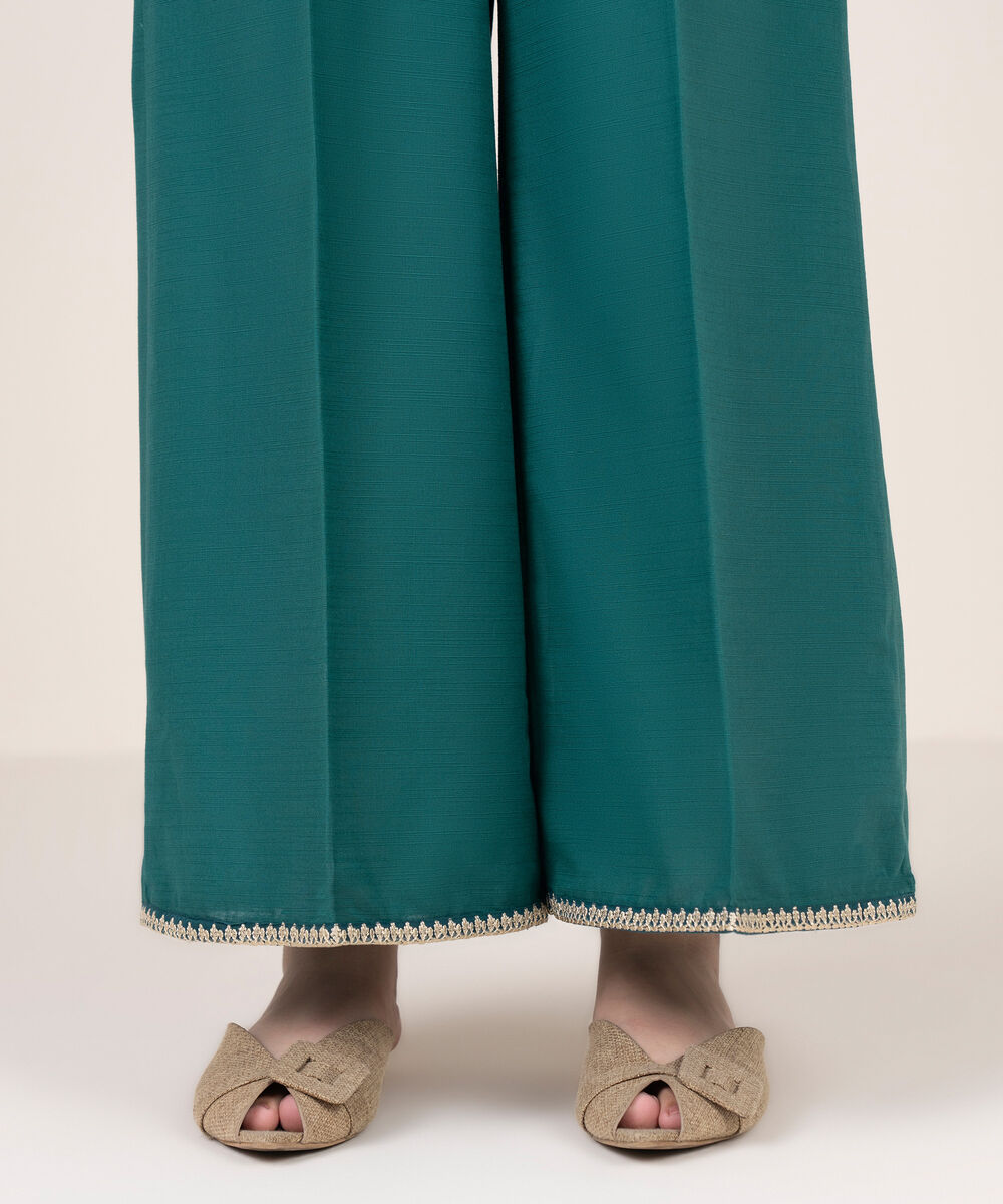 Women's RTW Cotton Embroidered Teal Flared Pants