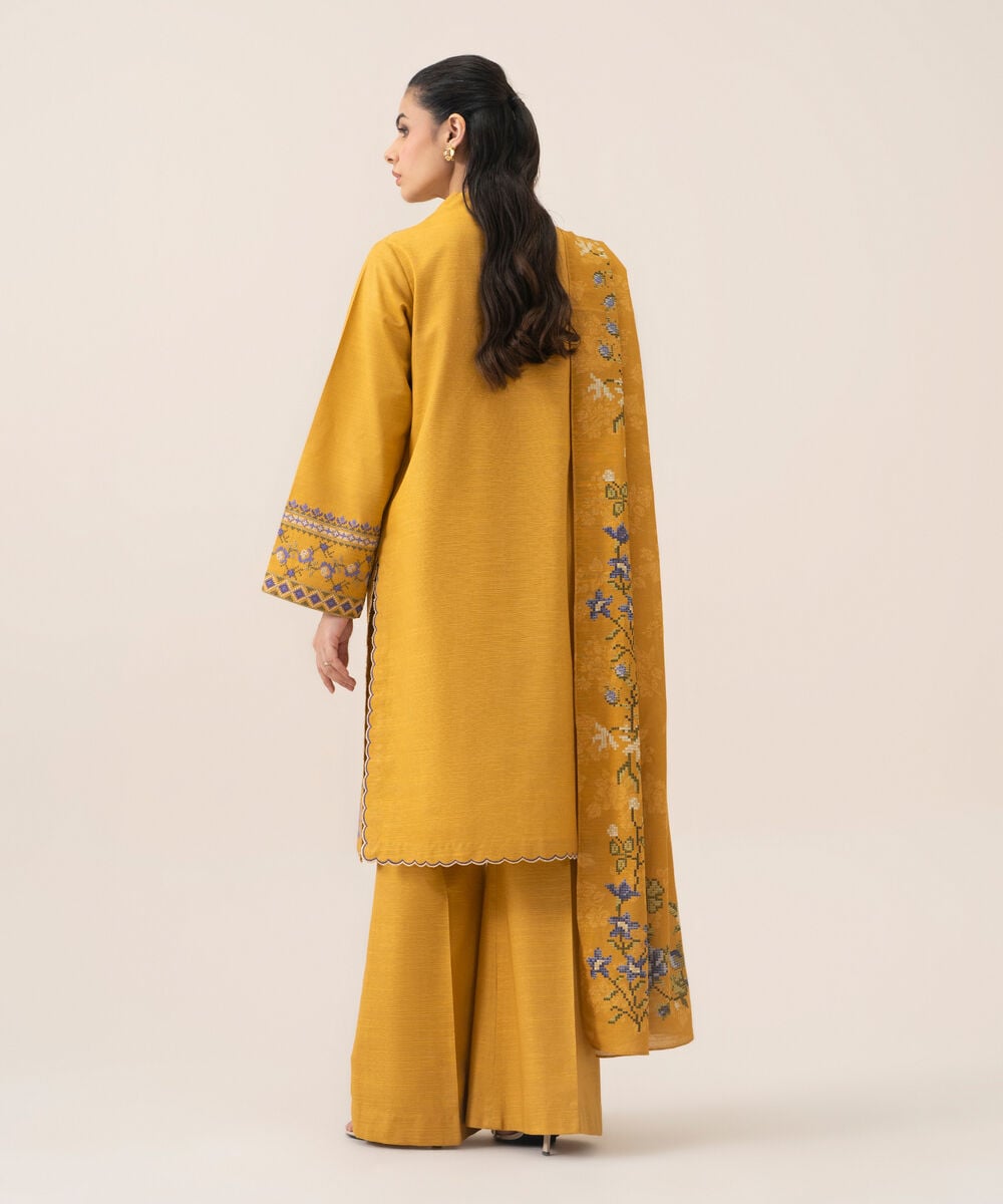 Women's Unstitched Lawn Embroidered Mustard 3 Piece Suit