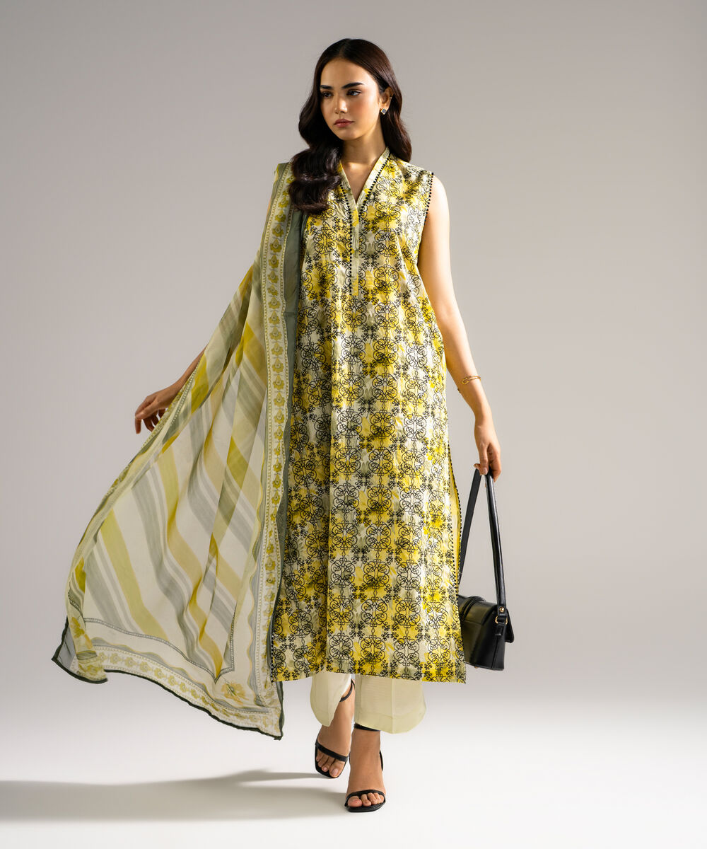 Women's RTW Dobby Embroidered Yellow 3 Piece Suit