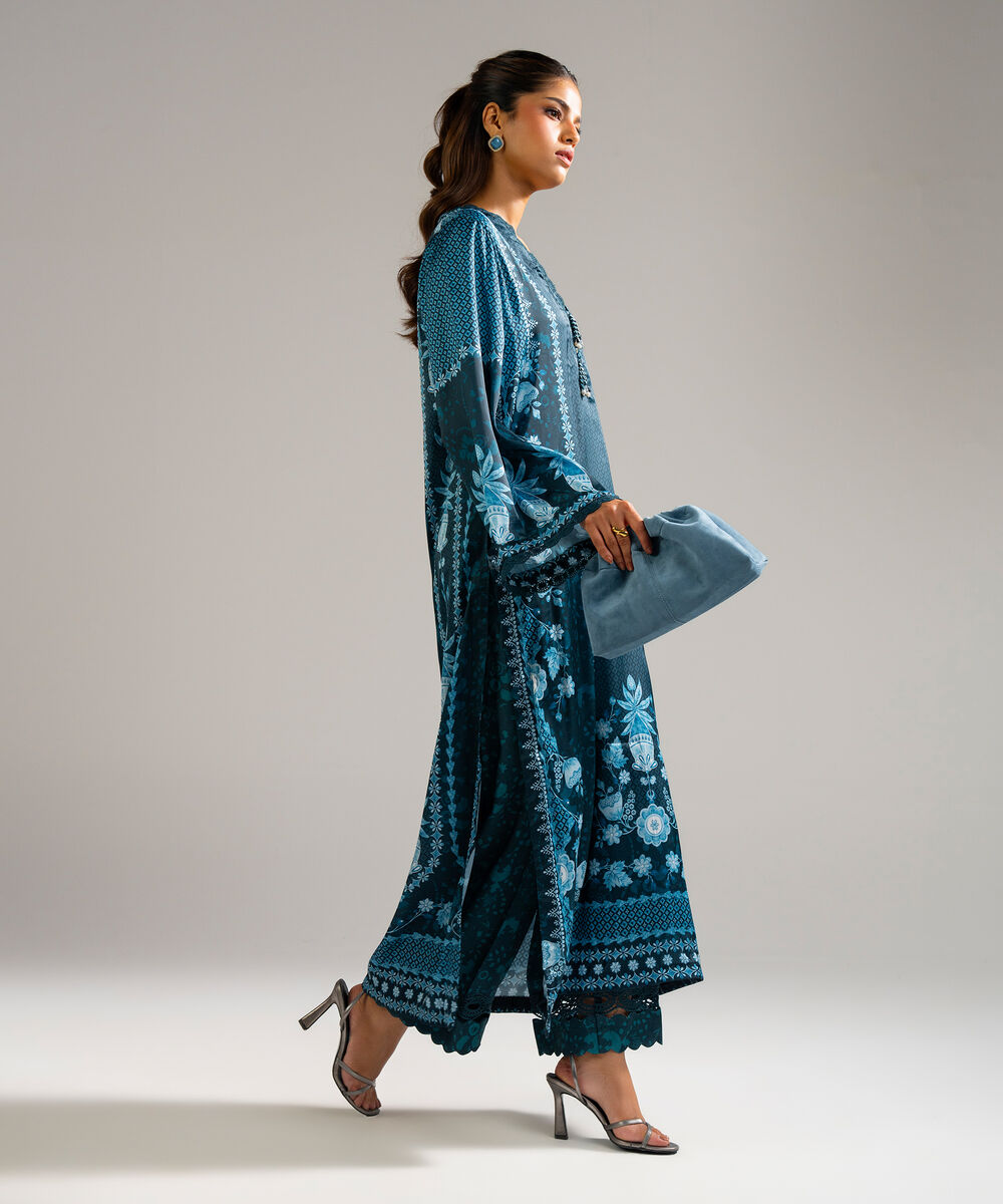 Women's RTW Blended Satin Printed Green 2 Piece Suit